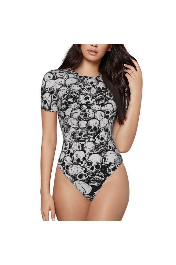 Women's Crew Neck Short Sleeve Casual Bodysuit Jumpsuit T Shirts, Skulls Head Gothic Skull
