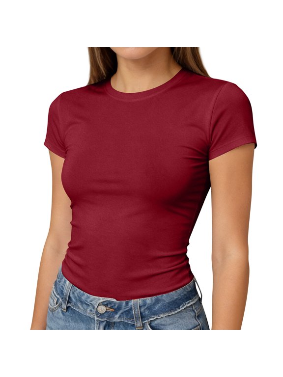 Women's Crew Neck Short Sleeve Fitted Shirts Basic Stretchy T-Shirt Summer Workout Casual Tops Wine S