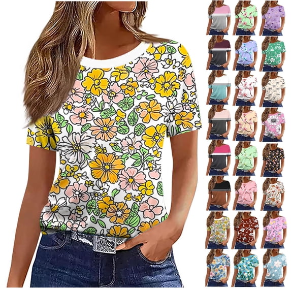 Women's Crew Neck Short Sleeve Floral Print T Shirts,Loose Casual Summer Tees,Yellow,Women's Plus Size L