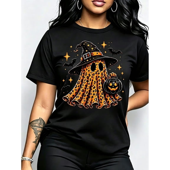 Women's Crew Neck Short Sleeve Halloween Graphic T‑Shirt, Leopard Ghost Witch Hat Pumpkin Bat Spooky Fall Casual Tee