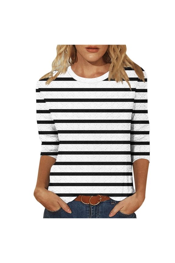 Women's Crew Neck Short Sleeve Horizontal Striped T-Shirt, Casual Slim-Fit Knit Top with Black and White Pattern