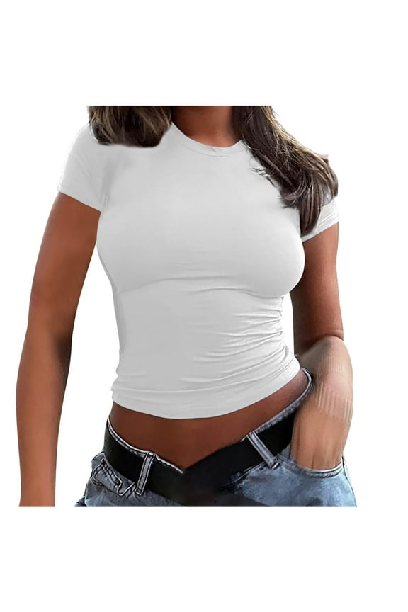 Women's Crew Neck Short Sleeve Tops Double Lined Slim Fit T Shirts Basic Tee