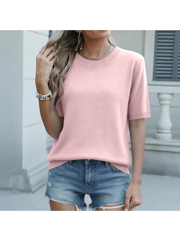Women's Crew Neck Short Sleeve Tops Lightweight Knit Pullover Casual Basic Sweater Blouses Light pink L