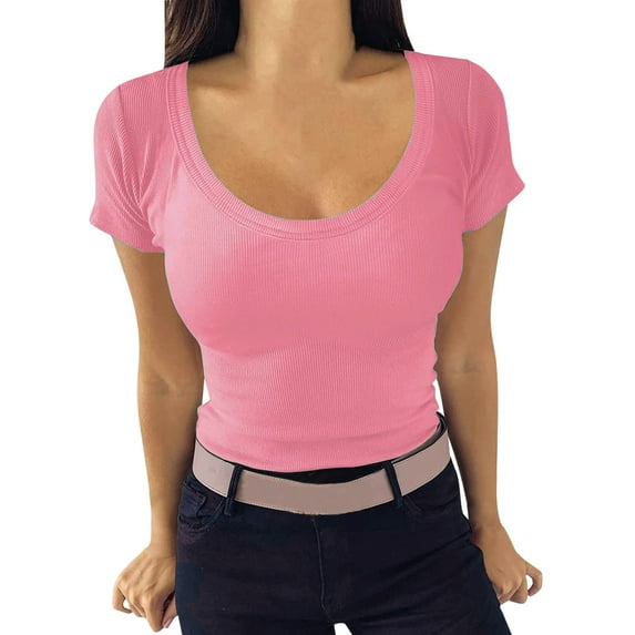 Women's Crew Neck Short Sleeve Tops Slim Fit Collection Ribbed Knit T Shirt