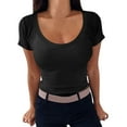 thumbnail image 1 of Women's Crew Neck Short Sleeve Tops Slim Fit Collection Ribbed Knit T Shirt, 1 of 6