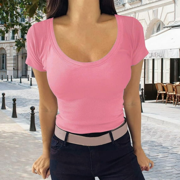 Women's Crew Neck Short Sleeve Tops Slim Fit Ribbed Knit T Shirt T Shirts Turtle Neck Ladies Ladies Athletic Wear Womens S Tee for Women Woman T Shirt Short Sleeve Ladies Long Sleeve Shirts T Shirt