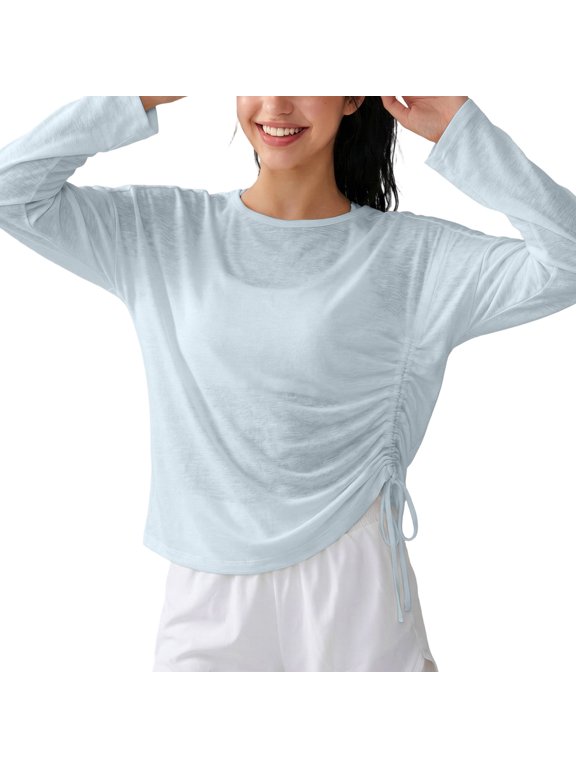 Women's Crew Neck Side‑Drawstring Long Sleeve Top, Adjustable Side Ruched Drawstring, Loose Relaxed Fit, Lightweight Breathable Fabric, Women Athletic Outdoor Casual Top Blue L