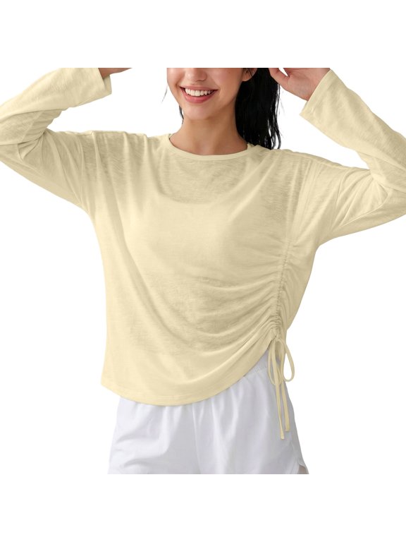 Women's Crew Neck Side‑Drawstring Long Sleeve Top, Adjustable Side Ruched Drawstring, Loose Relaxed Fit, Lightweight Breathable Fabric, Women Athletic Outdoor Casual Top Yellow XL