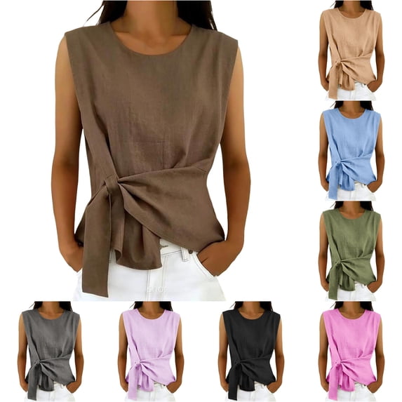 Women's Crew Neck Sleeveless Blouse Relaxed Fit Casual Versatile Blouse Summer Blouse