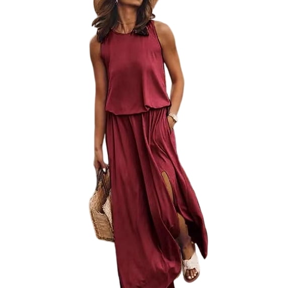 Women's Crew Neck Sleeveless Elastic Waist Slit Maxi Dress Wine Red XL