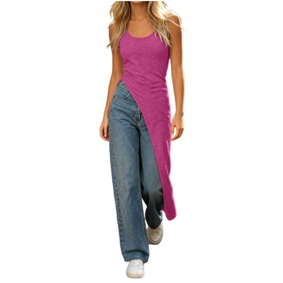 Women's Crew Neck Sleeveless Long Tank Top Solid Color Asymmetric Slit Hem Slim Fit Casual Summer Cami Vest Hot Pink