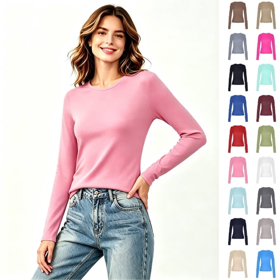 Women's Crew Neck Solid Long Sleeve T Shirt, Slim Fit Basic Casual Layering Top,L