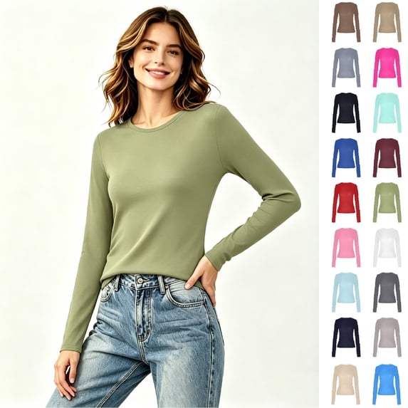 Women's Crew Neck Solid Long Sleeve T Shirt, Slim Fit Basic Casual Layering Top,L
