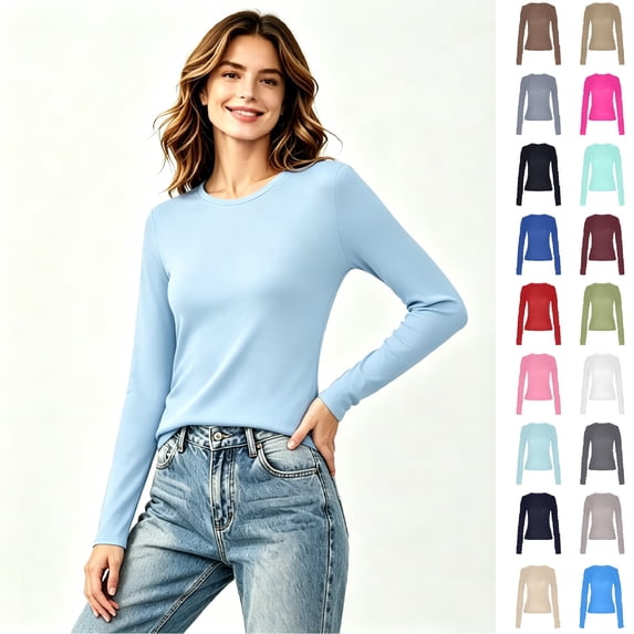Women's Crew Neck Solid Long Sleeve T Shirt, Slim Fit Basic Casual Layering Top,M