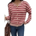 thumbnail image 1 of Women's Crew Neck Striped Button Down Long Sleeve Knit Cardigan Red S, 1 of 10