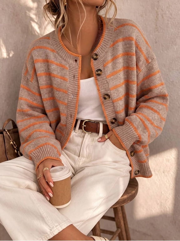 Women's Crew Neck Striped Contrast Button Front Knit Cardigan, Loose Long Lantern Sleeve Sweater Jacket for Fall Winter Casual Commute Wear