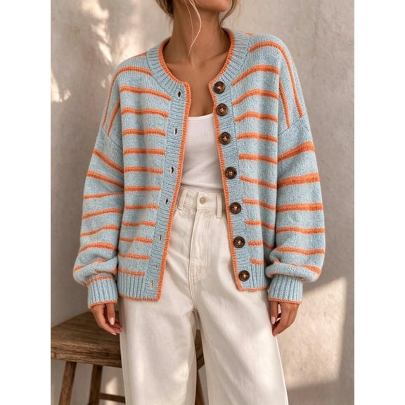 Women's Crew Neck Striped Knit Cardigan, Single Breasted Button Down Drop Shoulder Long Sleeve Sweater, Loose Casual Contrast Stripe Outerwear for Daily Street Dating and Weekend Layering Outfits