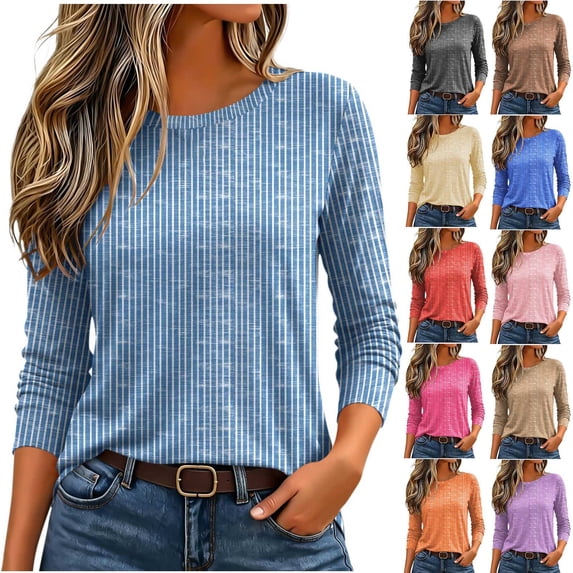 Women's Crew Neck Striped Ribbed Texture 3/4 Long Sleeve Loose Casual Layering T Shirt Top,Navy,Women's Plus Size L