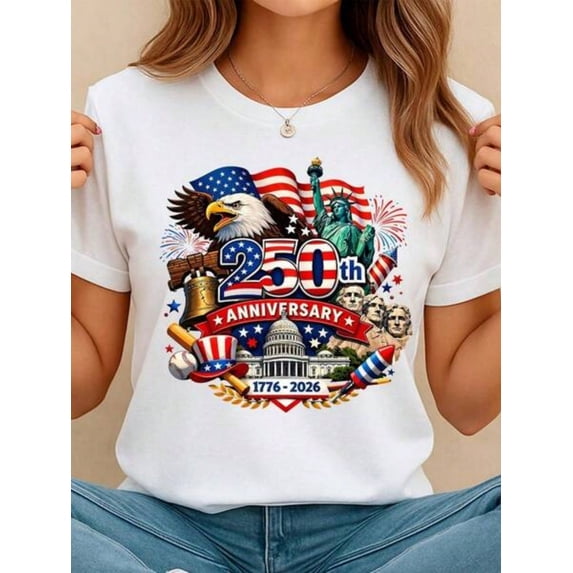 Women's Crew Neck Summer Tee USA 250th Anniversary Patriotic Print Regular Fit Top