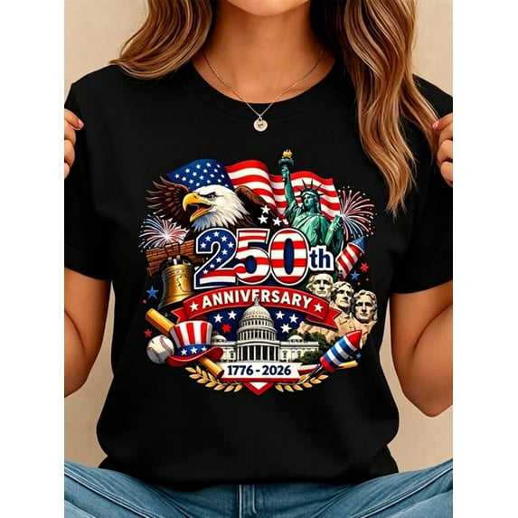 Women's Crew Neck Summer Tee USA 250th Anniversary Patriotic Print Regular Fit Top