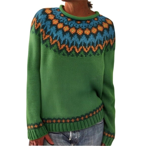 Women's Crew Neck Sweater Long Sleeve Print Plus Size Knitted Pullover Casual Vintage Stylish Fall Winter Tops (XL, Green)