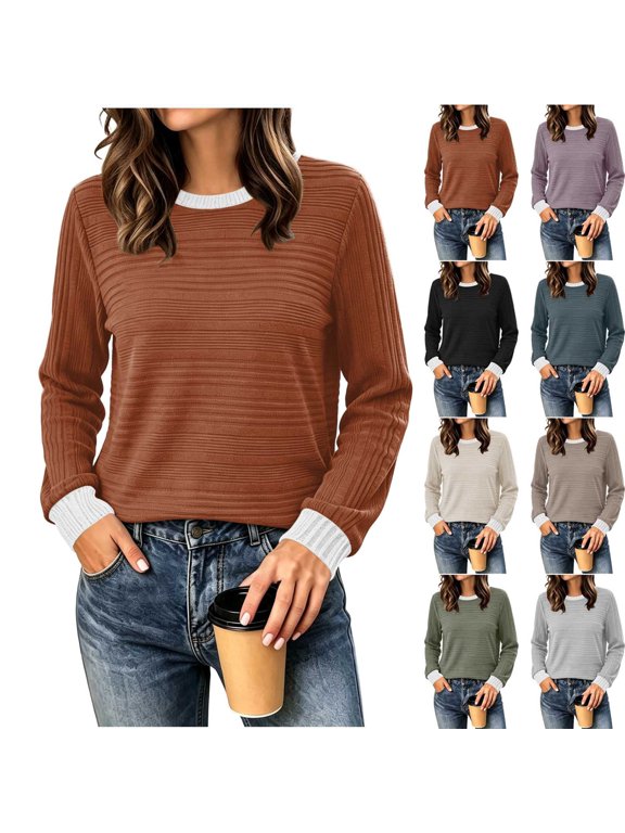 Women's Crew Neck Sweater Sevevn Contrast Trim Ribbed Knit Long Sleeve Lightweight Soft Textured Relaxed Loose Fit Casual Pullover Tops for Daily Wear