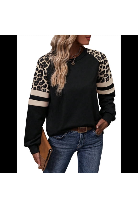 Women's Crew Neck Sweatshirt Casual Leopard Patch Pullover Long Sleeve Tops for Fall Spring Jumper Black L