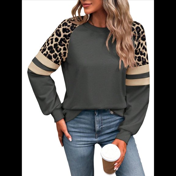 Women's Crew Neck Sweatshirt Casual Leopard Patch Pullover Long Sleeve Tops for Fall Spring Jumper Dark Gray L