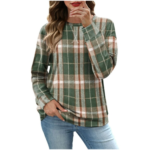 Women's Crew Neck Sweatshirt Casual Loose Plaid Pullover Tops Soft Long Sleeve Shirts Fall Outfits Clothes