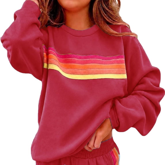 Women's Crew Neck Sweatshirt Fashion Rainbow Striped Outfits Color Block Loose Fit Casual Fall Pullover Tops,Long Sleeve Fleece Sweatshirts,Lightweight Cotton Workout Pullovers