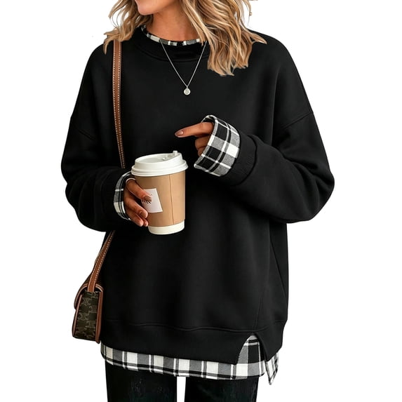 Women's Crew Neck Sweatshirt Long Sleeve Oversized Cozy Fleece Pullover Casual Loose Fit Winter Fall Layered Detail Top