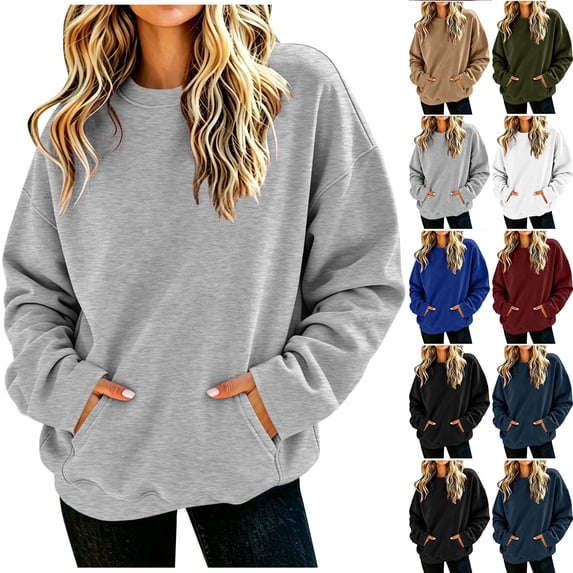 Women's Crew Neck Sweatshirt Long Sleeve Pullover Tops with Pockets Loose Fit Solid Color Fall Winter Fashion Sweatshirts
