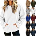 thumbnail image 1 of Women's Crew Neck Sweatshirt Long Sleeve Pullover Tops with Pockets Loose Fit Solid Color Fall Winter Fashion Sweatshirts, 1 of 7