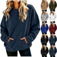 thumbnail image 1 of Women's Crew Neck Sweatshirt Long Sleeve Pullover Tops with Pockets Loose Fit Solid Color Fall Winter Fashion Sweatshirts, 1 of 7