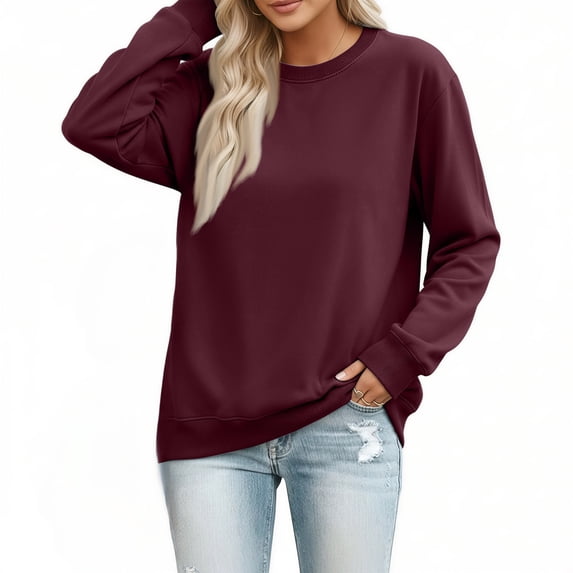 Women's Crew Neck Sweatshirt Long Sleeve Tops for Women Fall Clothes Outfits 2026 Fashion,Comfy Loose Fit Shirts,Casual Basic Pullover Wine 2XL