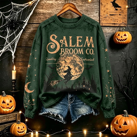 Women's Crew Neck Sweatshirt Long Sleeve Witch Broom Moon Graphic Pullover Relaxed Fit Casual Fall Halloween Festival Tops Green XXXL