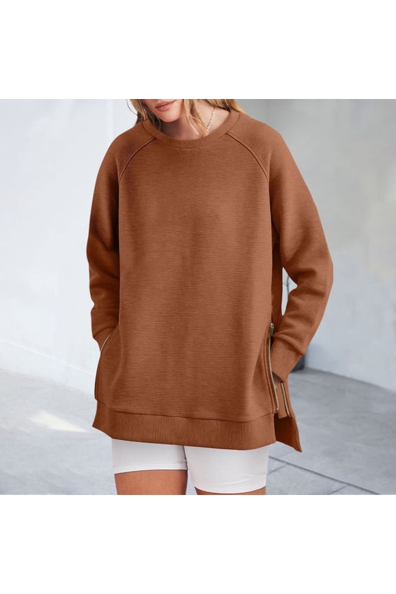 Women's Crew Neck Sweatshirt Loose Fit Oversized Pullover With Zippered Side Slits Long Sleeved Tops For Fall Fashion Distressed Sweatshirt Ladies Full Zip Shirts Hoodies Women Zipper Jacket Women