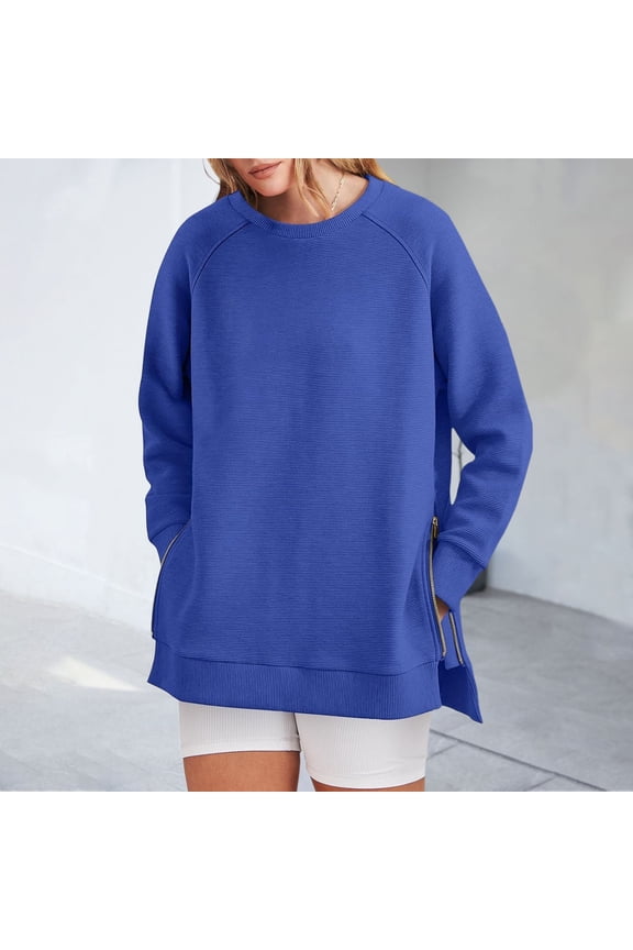 Women's Crew Neck Sweatshirt Loose Fit Oversized Pullover With Zippered Side Slits Long Sleeved Tops For Fall Fashion Ladies Hoodies Zip Front Dresses Elderly Lined Sweatshirt Women Junior Girls