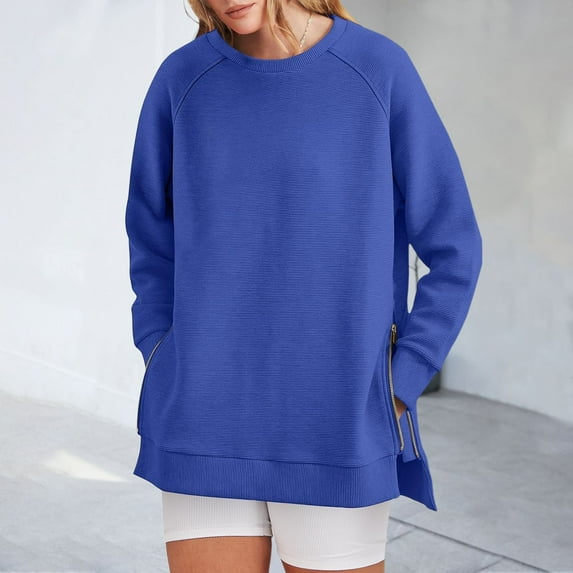 Women's Crew Neck Sweatshirt Loose Fit Oversized Pullover With Zippered Side Slits Long Sleeved Tops For Fall Fashion Women Blouses Dark Sweatshirt Women Hoodie Ladies Hoodies Lightweight Jackets