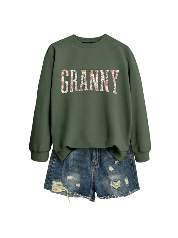 Women's Crew Neck Sweatshirt Loose Long Sleeve Tops Floral Fill GRANNY Letter Print Daily Wear