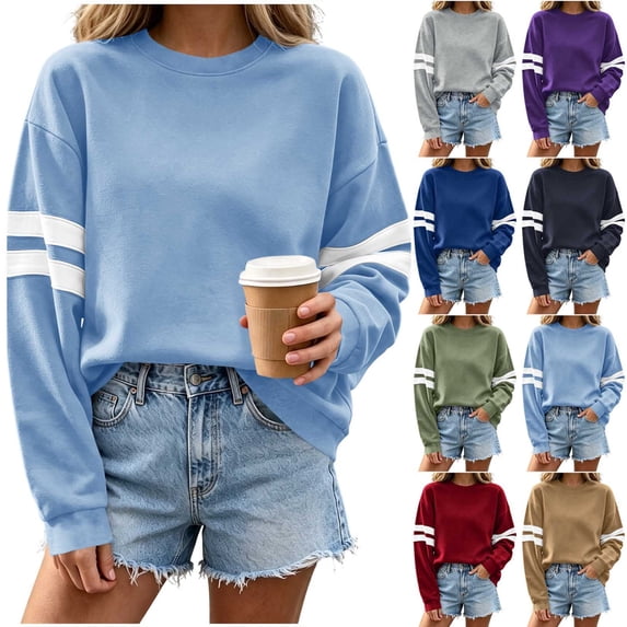 Women's Crew Neck Sweatshirt Sevevn Drop Shoulder Striped Sleeve Varsity Style Soft Fleece Oversized Loose Fit Casual Pullover Tops for Daily Wear