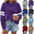 thumbnail image 1 of Women's Crew Neck Sweatshirt Sevevn Drop Shoulder Striped Sleeve Varsity Style Soft Fleece Oversized Loose Fit Casual Pullover Tops for Daily Wear, 1 of 8