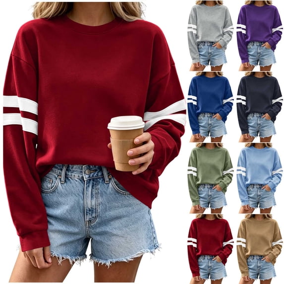Women's Crew Neck Sweatshirt Sevevn Drop Shoulder Striped Sleeve Varsity Style Soft Fleece Oversized Loose Fit Casual Pullover Tops for Daily Wear