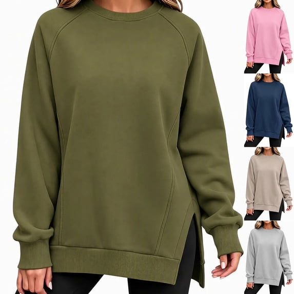 Women's Crew Neck Sweatshirt Sevevn Raglan Sleeve Side Slit Oversized Fit Soft Brushed Fleece Long Sleeve Pullover Tunic Tops for Casual Daily Wear