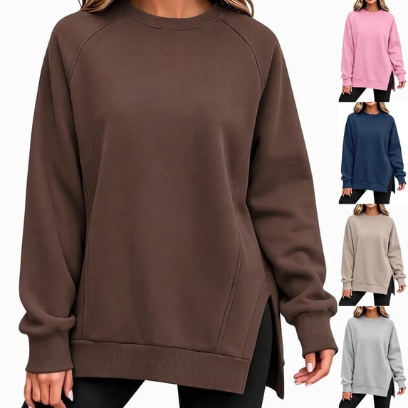 Women's Crew Neck Sweatshirt Sevevn Raglan Sleeve Side Slit Oversized Fit Soft Brushed Fleece Long Sleeve Pullover Tunic Tops for Casual Daily Wear