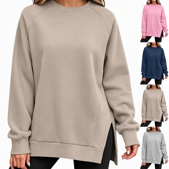 Women's Crew Neck Sweatshirt Sevevn Raglan Sleeve Side Slit Oversized Fit Soft Brushed Fleece Long Sleeve Pullover Tunic Tops for Casual Daily Wear