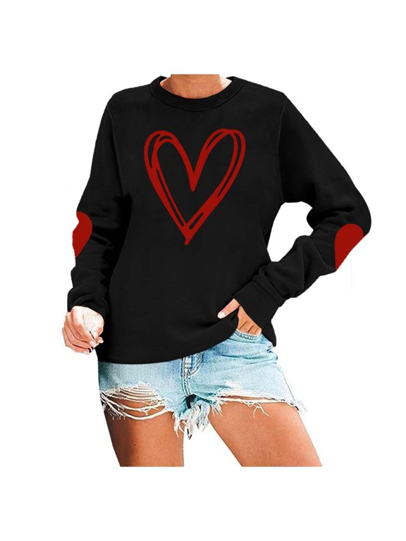 Women's Crew Neck Sweatshirt Sketch Heart Elbow Patch Long Sleeve Tops