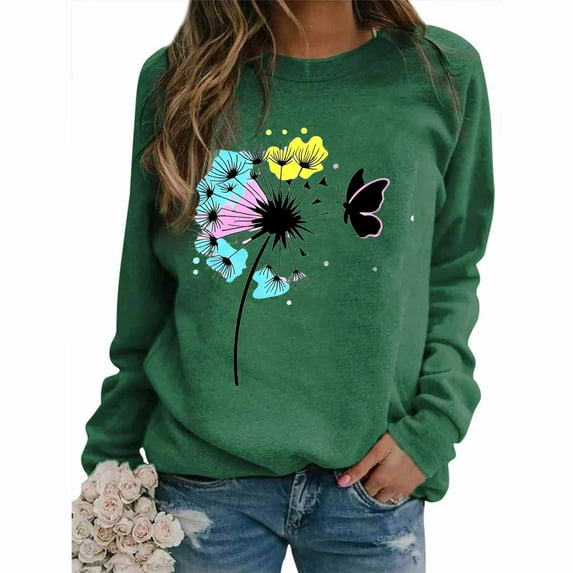 Women's Crew Neck Sweatshirts Cute Graphic Graphic Print Long Sleeve Pullover Tops Casual Loose Stylish Outfit (XL, Green-A)