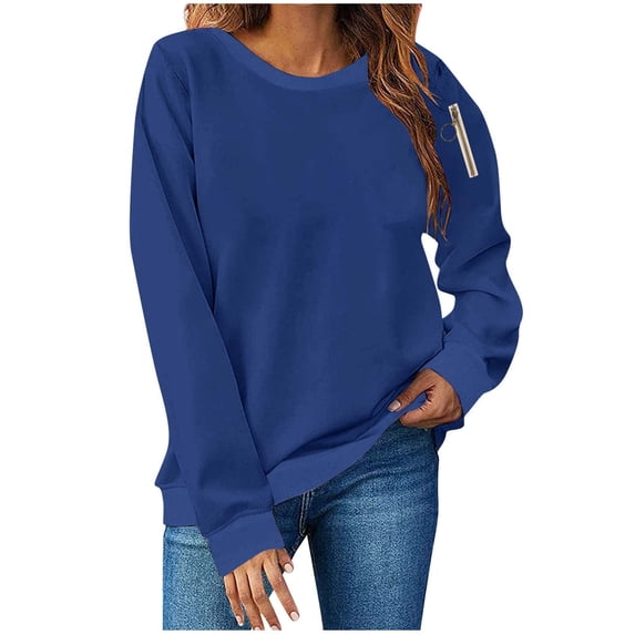 Women's Crew Neck Sweatshirts Fashion Solid Color Circular Zipper Loose Pullover Tops Casual Long Sleeved Shoulder Drop Sweatshirt Navy L
