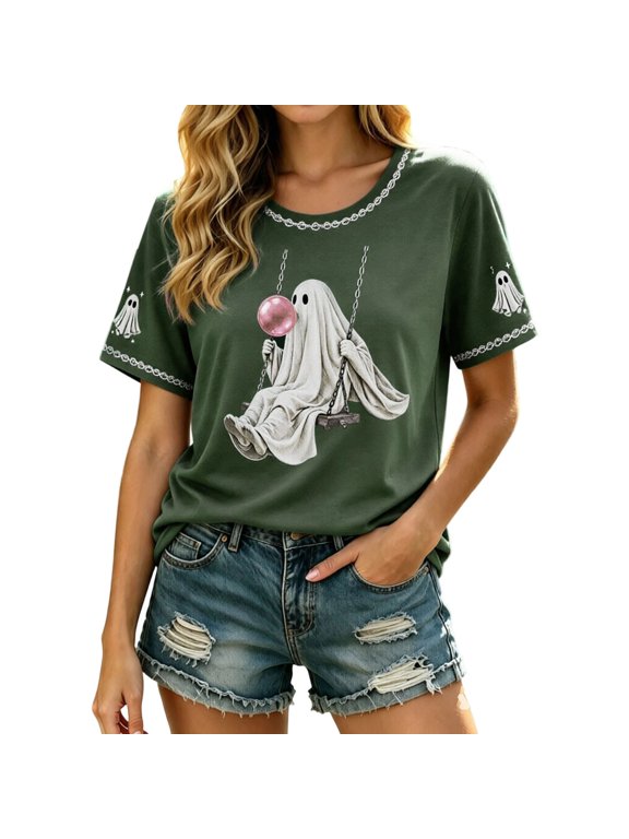 Women's Crew Neck T-Shirt with Swing Ghost Bubble Gum Graphic Detail Regular Short Sleeve Tee Fall Festival Casual Streetwear Style Top
